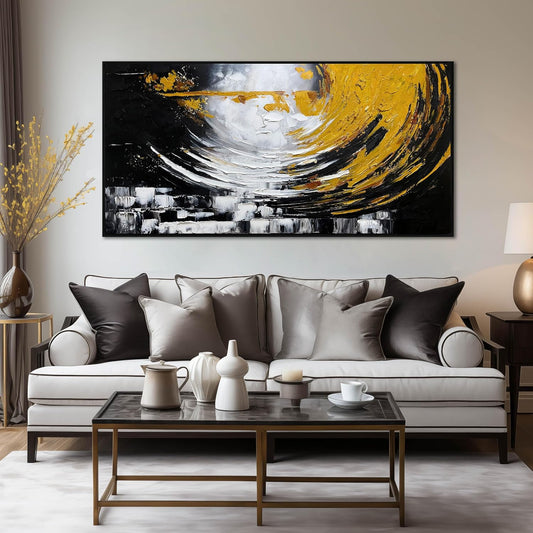 Abstract Large Pictures for Living Room - Black White and Gold Hand Painted Wall Art for Office - Black Framed Canvas Wall Art for Bedroom Size 29" x 59"
