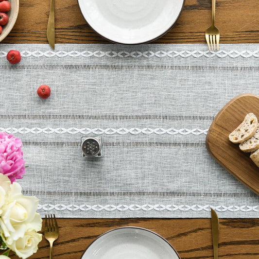 Artoid Mode Grey Rustic Cotton Linen Table Runner, Seasonal Embroidered Hollow Kitchen Dining Table Decoration for Home Party Decor 13x60 Inch