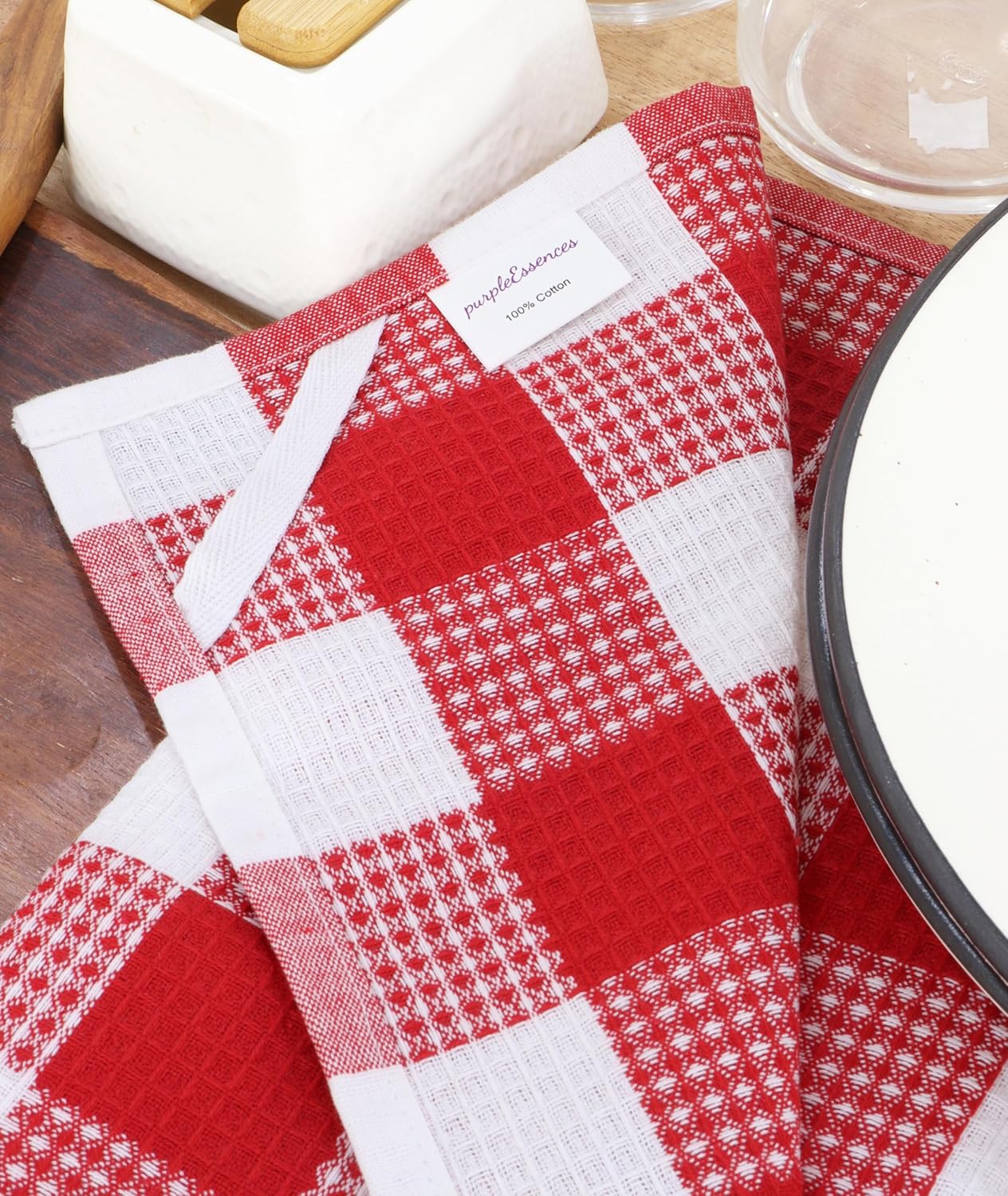 PurpleEssences 100% Cotton Waffle Weave Check Plaid Kitchen Towels, Super Soft and Absorbent Dish Towels for Drying Dishes 15 x 25-6 Pack - Fall Thanksgiving - Red and White