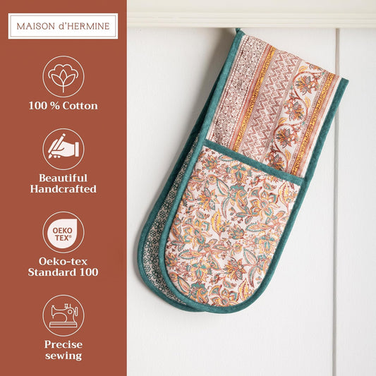 Maison d' Hermine Double Oven Mitt (7" x 35") 100% Cotton Heat Resistant BBQ Cooking Gloves with Loop for Thanksgiving Christmas Decorations Baking Cooking Barbeque Handling Hot Pan (Nila)