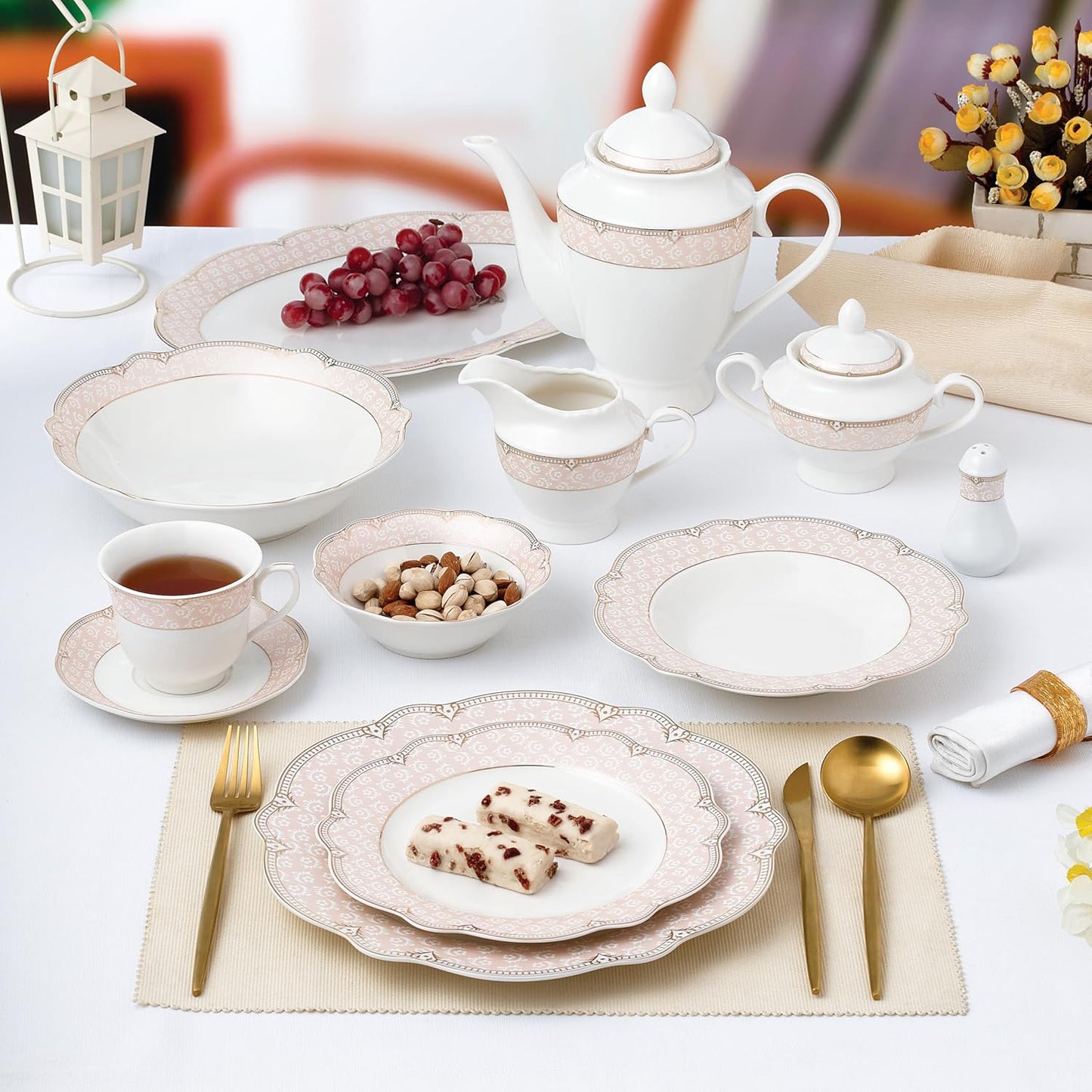 Joseph Sedgh Collection "Sandra" 57-Piece Bone China Dinnerware Set, Service for 8, Blush Pink and Gold