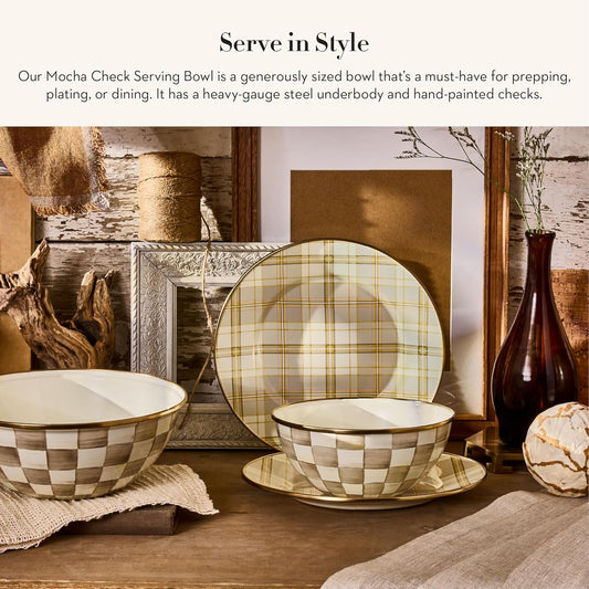 MACKENZIE-CHILDS Enamel Serving Bowl, Enamel Serveware Bowl, 12 Inches, Brown-and-White Mocha Check