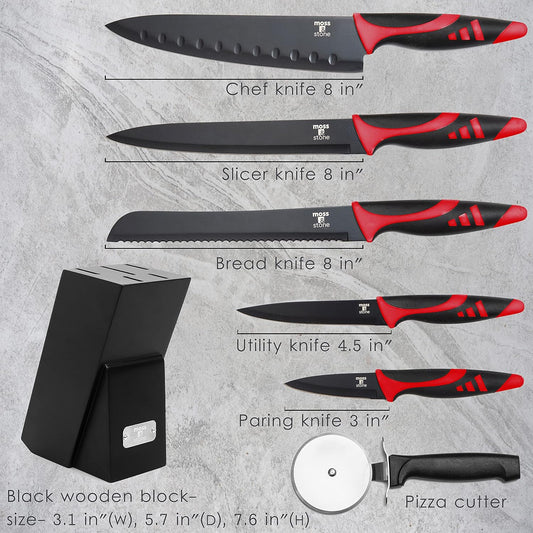 Moss & Stone 7-Piece Kitchen Knife Set with Block – Black Titanium Plated Stainless Steel Kitchen Knives, High Carbon Blades, Compact Cutlery Set for Home Cooking, Small Knife Set Black Wood Block