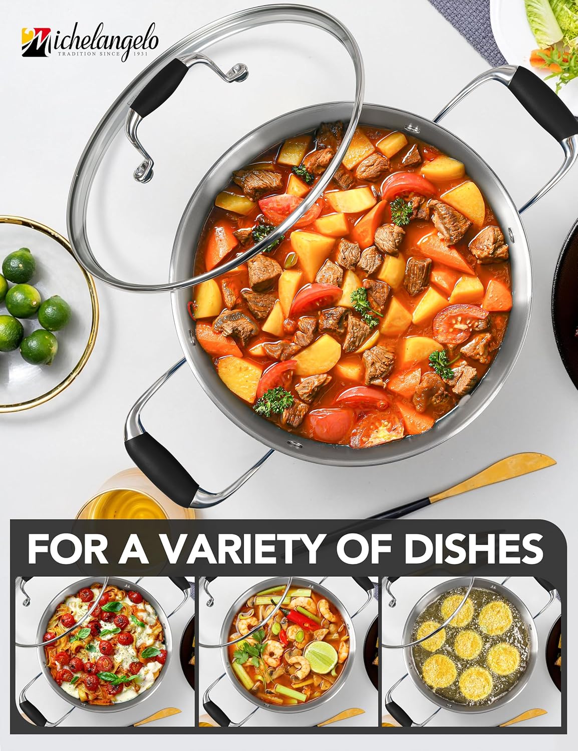 MICHELANGELO Stainless Steel Cooking Pot - 6 Quart Soup Pot with Lid, Non-Toxic Stockpot Induction Compatible, Oven & Dishwasher Safe, Black Exterior