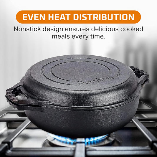 2-in-1 Enameled Cast Iron Cocotte Double Braiser Pan with Grill Lid 3.3 Quarts - Barbecue Grill Non Stick Frying Pan - Casserole Cookware Wide Handle (Grey)