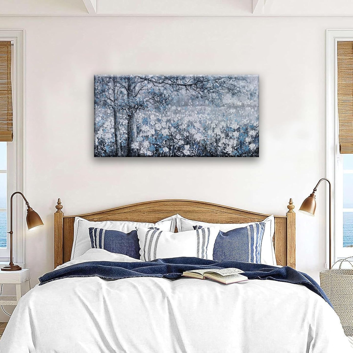 wall art canvas prints botanical wall art decor Blue And White Abstract Tree Flower Landscape dorm wall decor Artwork for Bedroom Home Office Dining Room Decoration 20''×40''