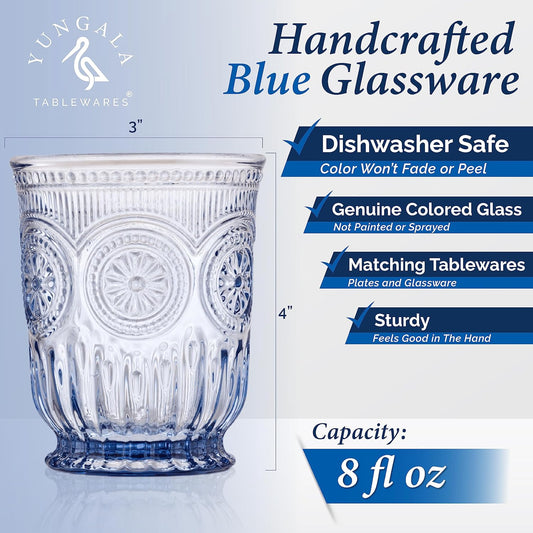 Yungala Blue Glassware set of 6 small dishwasher safe colored glasses, Blue glass cups, matching highball and wine glasses available