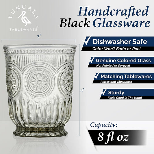 Yungala Black Glassware set of 6 smoke drinking glasses, 8 oz water glasses textured colored vintage glass cups dishwasher safe