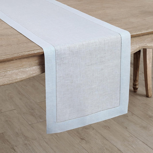 Solino Home Linen Light Blue Table Runner 120 Inches Long - 100% Pure Linen 14 x 120 Inch Table Runner - Classic Hemstitch