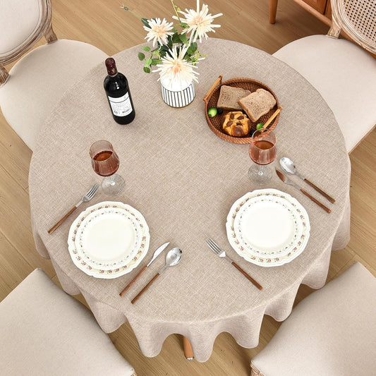 Fitable Faux Linen Round Tablecloths 90 Inch, 6 Pack - Fabric Textured Table Clothes for Round Folding Tables, Washable Neutral Table Covers for Wedding, Party, Banquet, Birthday, Beige