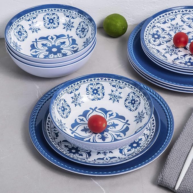 Melamine Dinnerware Set -12pcs Outdoor and Indoor Plates and Bowls Set ,Service for 4, Dishwasher Safe, Blue Flower