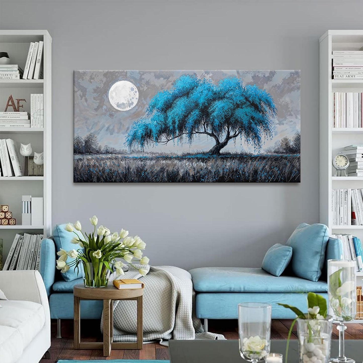 Canvas Wall Art Prints Decor Blue Tree Of Life Wall Art Decor Modern Artwork Ready To Hang Modern Wall Art For Living Room Bedroom Kitchen Office Canvas Prints 24x48 Inch