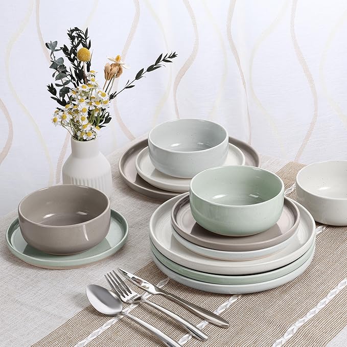HaWare Stoneware Dinnerware Sets, 12-Piece Plates and Bowls Set for 4, Dishes Set for Home Restaurant, Speckled Multicolor