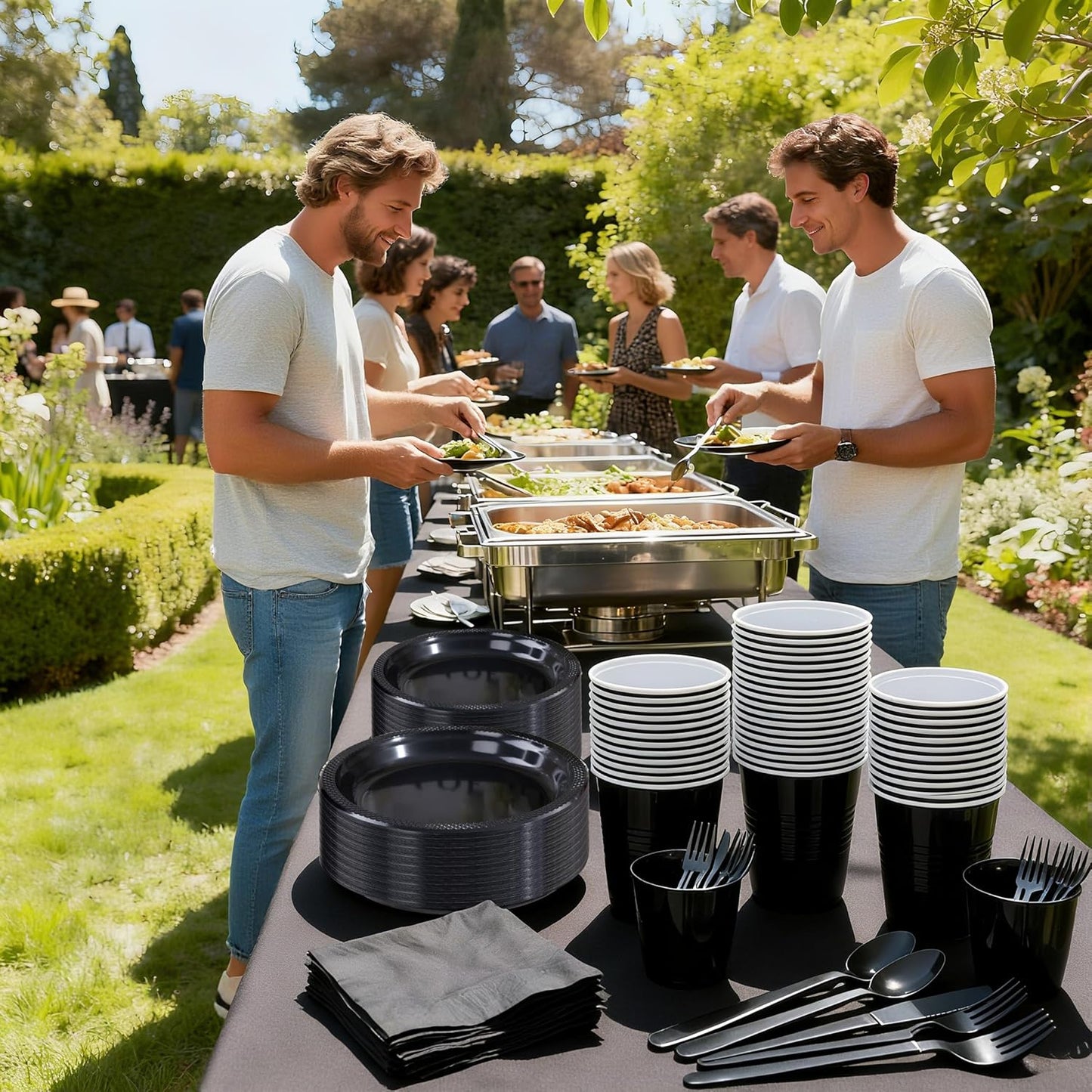 WELLIFE 210Pcs Black Plastic Plates, Disposable Dinnerware Set, Party Supplies Including Black plates, 12oz Cups, plastic Cutlery and Napkins Serve 30 Guests, Plastic Plates for Party and Halloween