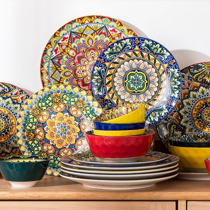Henten Home Ceramic 12 Pieces Dinnerware Sets, Bohemia Dinner Plates, Soup Bowls, Porcelain Dinnerware Set for 4, Microwave & Dishwasher Safe, Scratch Resistant