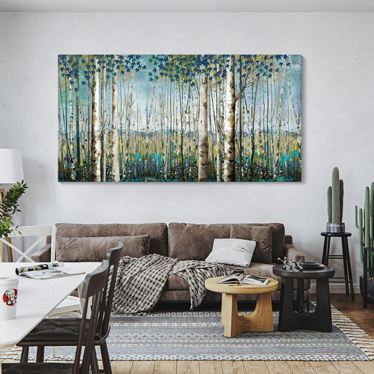 Pogusmavi Large Framed Birch Tree Canvas Wall Art Nature Painting for Home Decor | Teal Artwork for Living Room, Bedroom, and Office Pictures for Living Room 24×48IN