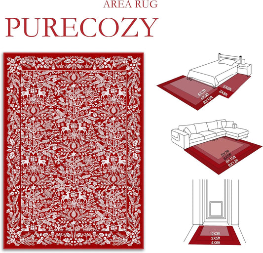 Christmas Area Rug 5x7 Machine Washable Xmas Snowflake Holiday Decor Living Room Rugs Low Pile Carpet Indoor Doormat Red Non-Slip Christmas Deer Carpet for Bedroom Kitchen Entryway Bathroom