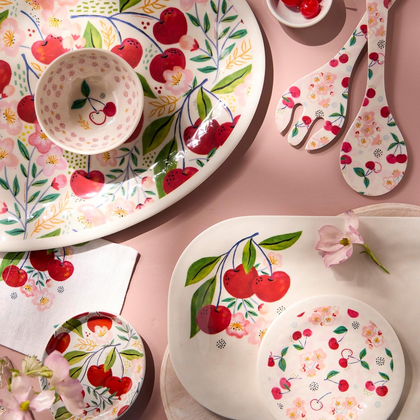 DEMDACO Rectangular Serving Tray Party Platter for Snacks and Appetizers Large 9 x 16 Inch Melamine Cherry Blossom