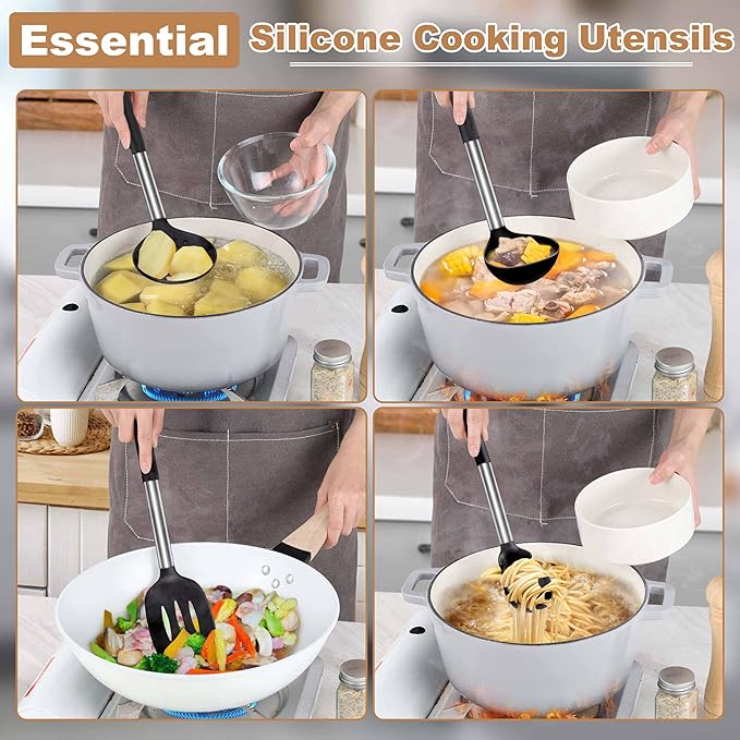 LIANYU Kitchen Utensils Set of 6, Silicone Cooking Utensils Set for Nonstick Cookware, Heat Resistant Kitchen Spatula Gadgets Tools, Stainless Steel Handle, Black