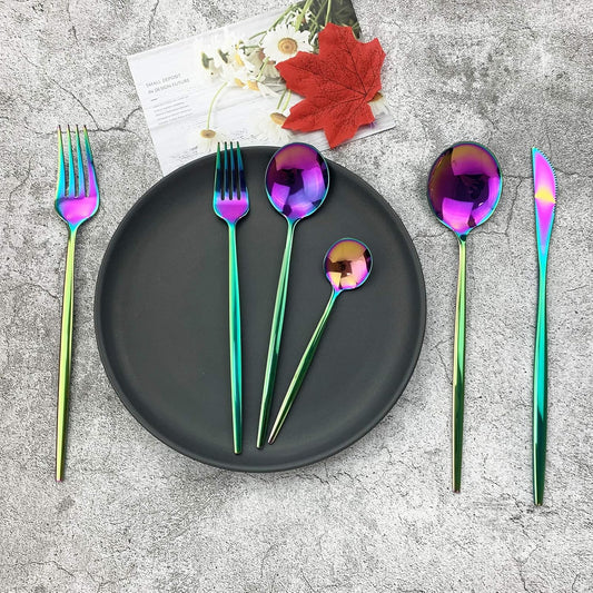 JASHII Silverware Set, Mirror Polished Rainbow Flatware Cutlery Set Service for 4, Shiny Finish 24 Pieces Stainless Steel Utensils Set Dinner Knife Fork Spoon Dessert Fork Salad Spoon Dishwasher Safe