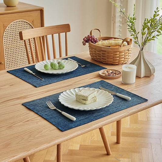 Softalker Faux Linen Placemats Set of 6-12 x 18 Inch, Heat Resistant Double Layered Durable Burlap Farmhouse Place Mats, Non-Slip Washable Rustic Table Mats for Dining, Kitchen, Party(Navy Blue