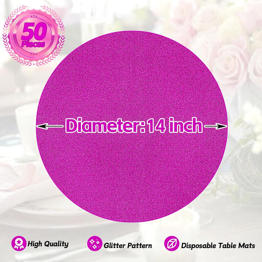50 Pieces Hot Pink Glitter Paper Place Mats Sparkle 14'' Round Disposable Table Mats Hot Pink Doilies for Wedding Banquet Birthday Party Home Dining Table Decor