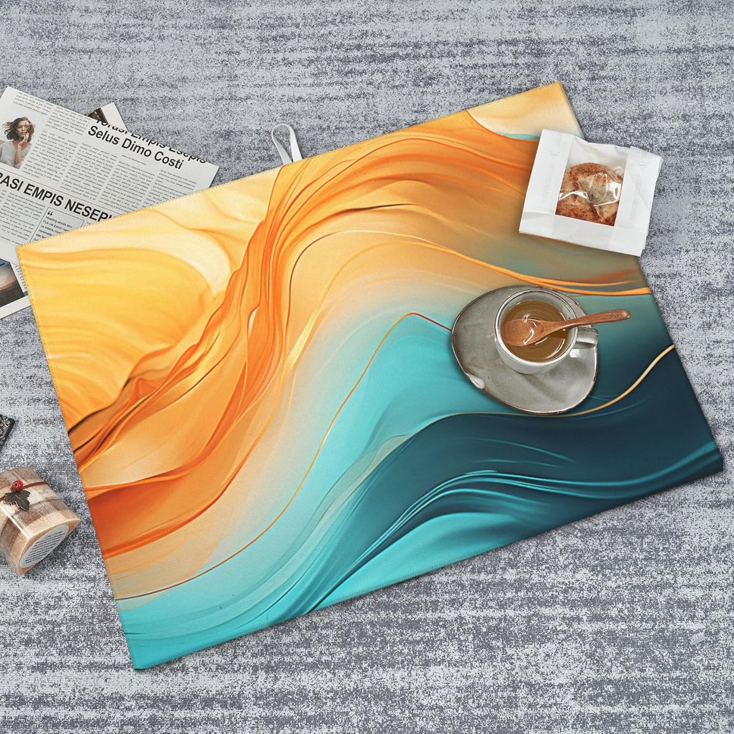 Orange Teal Marble Dish Drying Mat for Kitchen Decor Modern Dish Drainer Rack Mats Washable Absorbent Reversible Microfiber Drying Pad Kitchen Accessories 18"x24"
