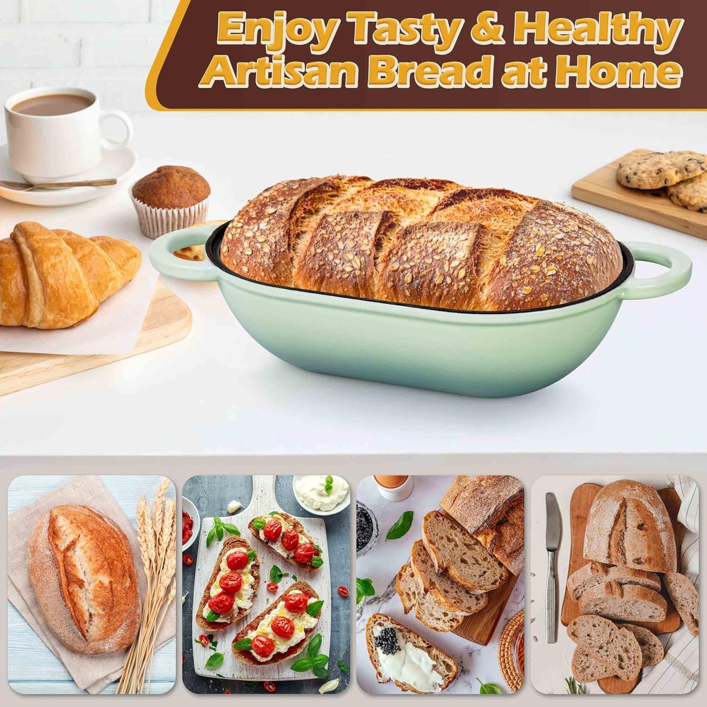 Homikit Enameled Cast Iron Dutch Oven for Bread Baking, 2.8 QT Oval Bread Oven Pot with Lid, Sourdough Loaf Iron Dutch Oven Pan for Roasting Cooking, Pistachio Green & Heavy Duty