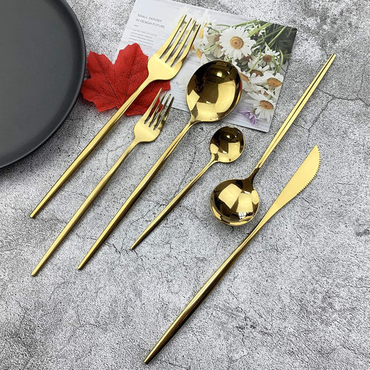 JASHII Silverware Set, Mirror Polished Gold Flatware Cutlery Set Service for 4, Shiny Finish 24 Pieces Stainless Steel Utensils Set Dinner Knife Fork Spoon Dessert Fork Salad Spoon Dishwasher Safe