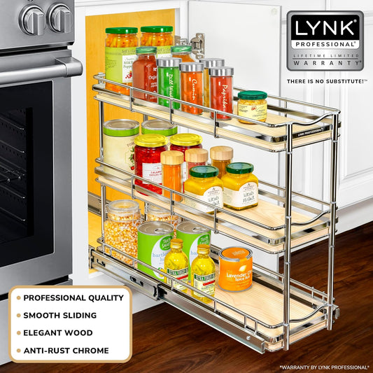 LYNK PROFESSIONAL® Élite™ Pull Out Spice Rack Organizer for Inside Kitchen Cabinets - 6"x21" - Slide Out Drawer – Wood/Chrome Sliding Spice Cabinet Organization Shelf Racks - 3 Tier