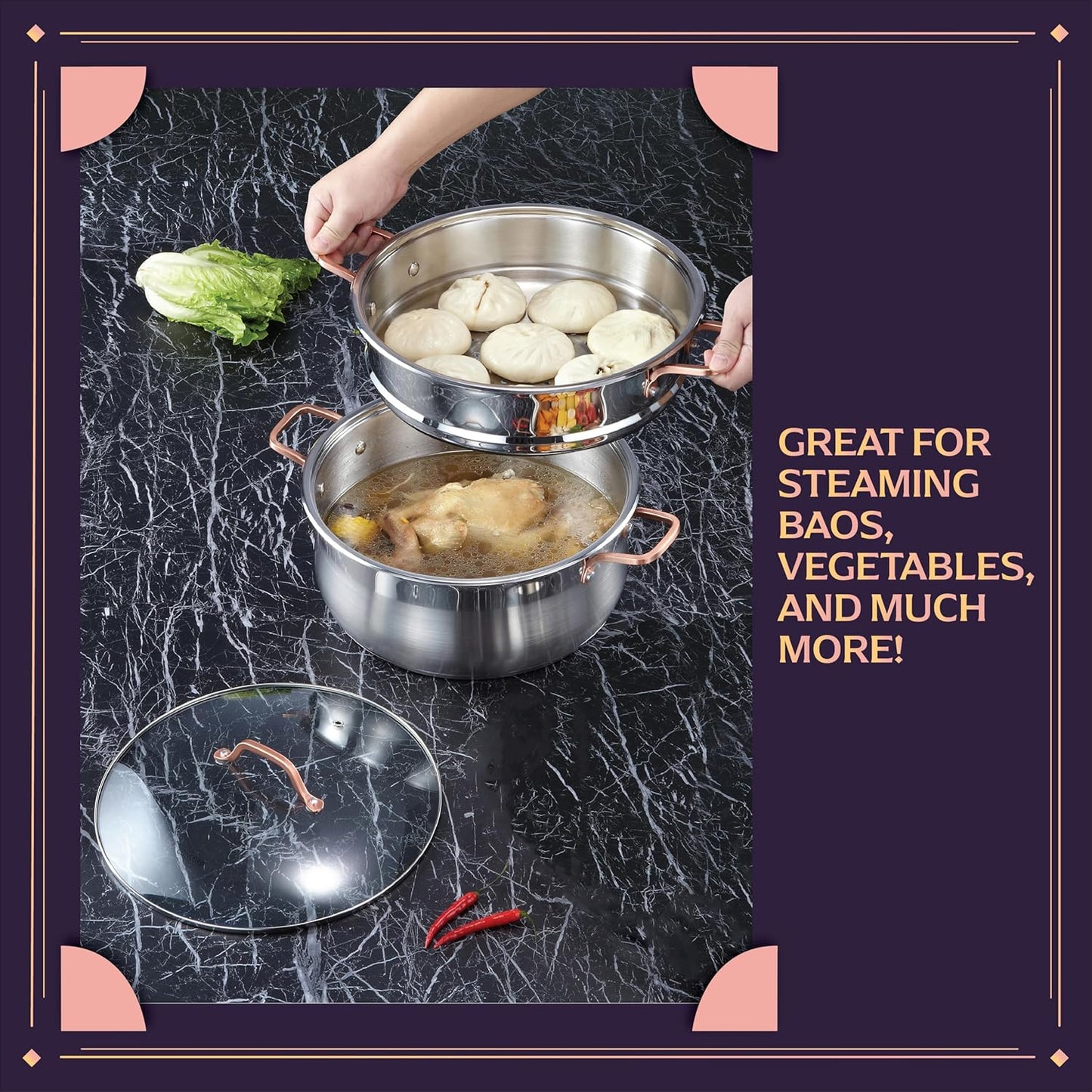 CONCORD Premium Stainless Steel 2 Tier Steamer w/Rose Gold Handles 22 cm