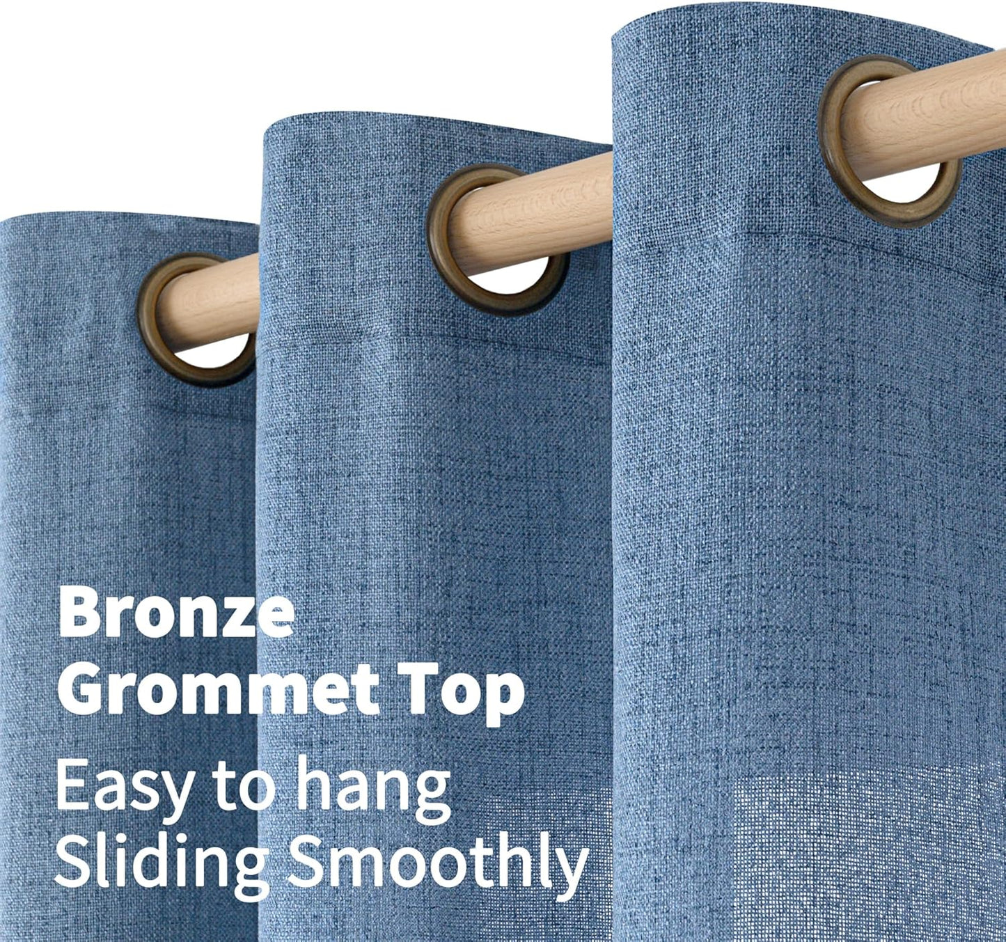 YoungsTex Denim Blue Linen Curtains 68 Inch Length for Living Room, Semi Sheer Light Filtering Window Drapes with Bronze Grommet Privacy for Farmhouse Bedroom, 52 x 68 Inch, 2 Panels