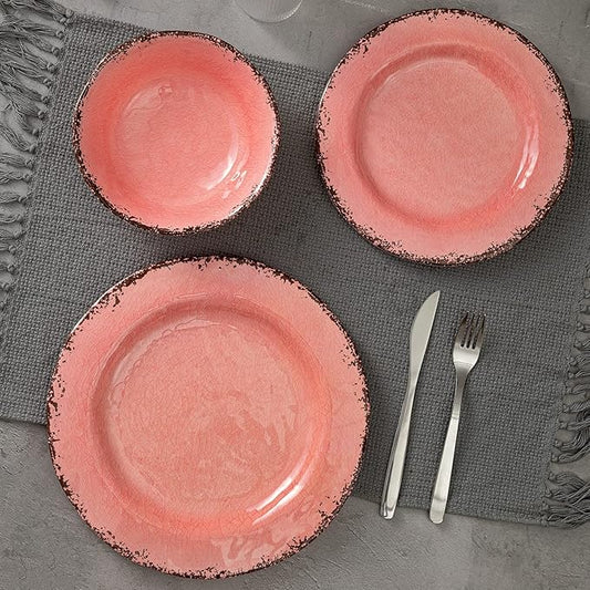 LEHAHA Melamine Dinnerware Sets, Farmhouse Dinnerware Set, Camping Dishes Set, BPA free and Lightweight, Durable Outdoor Plates and Bowls Set, Service for 4 (12 piece), (Pink)