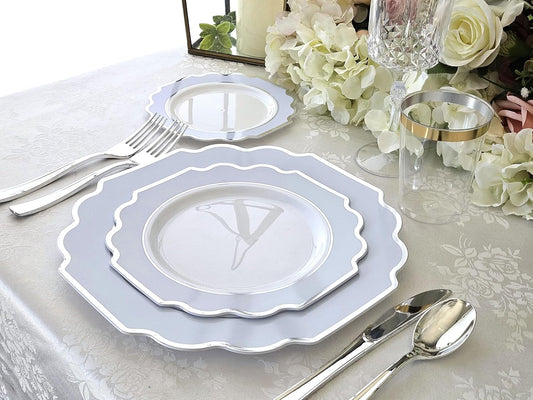 " OCCASIONS " 80 Plates Pack,(40 Guests) Heavyweight Premium Wedding Party Disposable Plastic Plates Set -40 x 10.5'' Dinner + 40 x 8'' Salad/Dessert (Imperial in White/Blue & Silver)