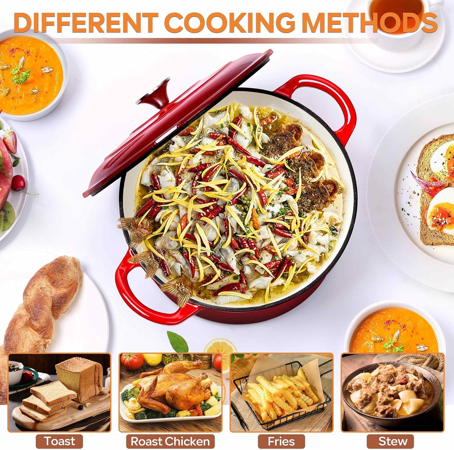 Herogo 6QT Enameled Cast Iron Dutch Oven & Silicone Trivet Mat, Round Dutch Oven Pot with Lid Dual Handles for Bread Baking Stewing Roasting, Safe for Various Stovetops, Nonstick & Easy Cleanup-Red