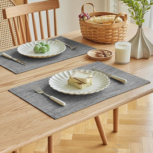 Softalker Faux Linen Placemats Set of 8-12 x 18 Inch, Heat Resistant Double Layered Durable Burlap Farmhouse Place Mats, Non-Slip Washable Rustic Table Mats for Dining, Kitchen, Party(Light Grey