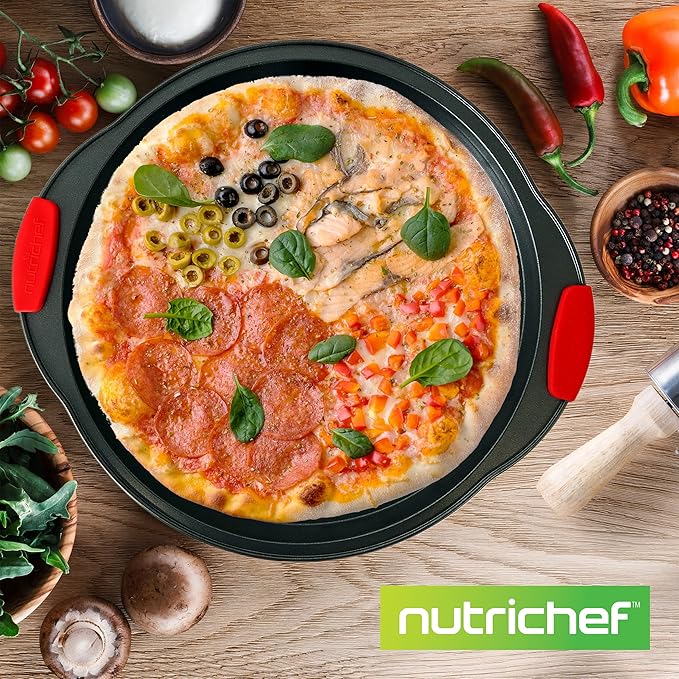 NutriChef 13-Inch Nonstick Pizza Tray - 12 PACK, Round Carbon Steel with Perforated Holes, Silicone Grip Handles, Dishwasher Safe, PFOA Free Bakeware