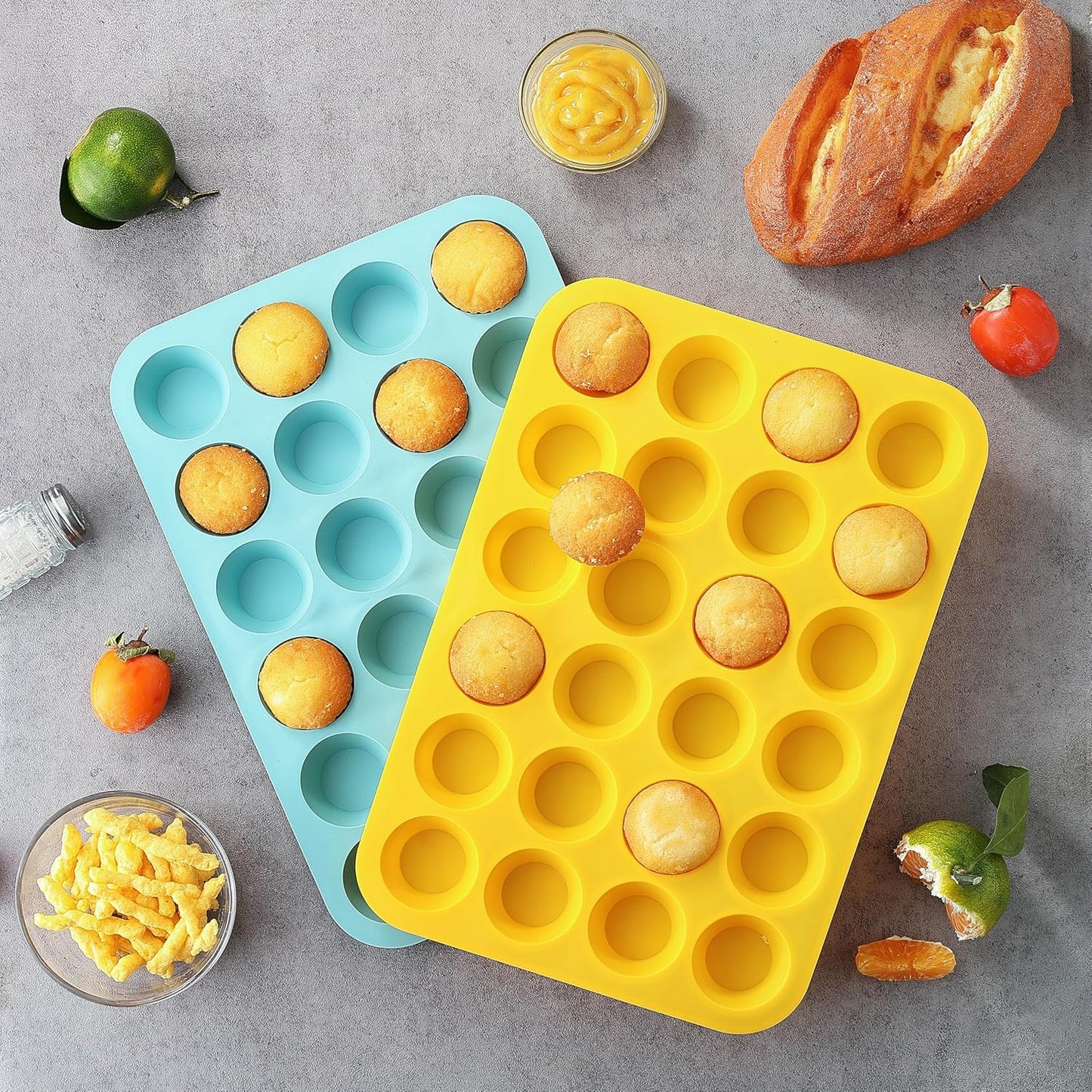 2PCS Silicone Mini Muffin Pan, 24 Cups Nonstick Mini Cupcake Pan for Baking, BPA Free and Dishwasher Safe, Great for Making Muffin Cakes, Tart, Bread and Egg Bites