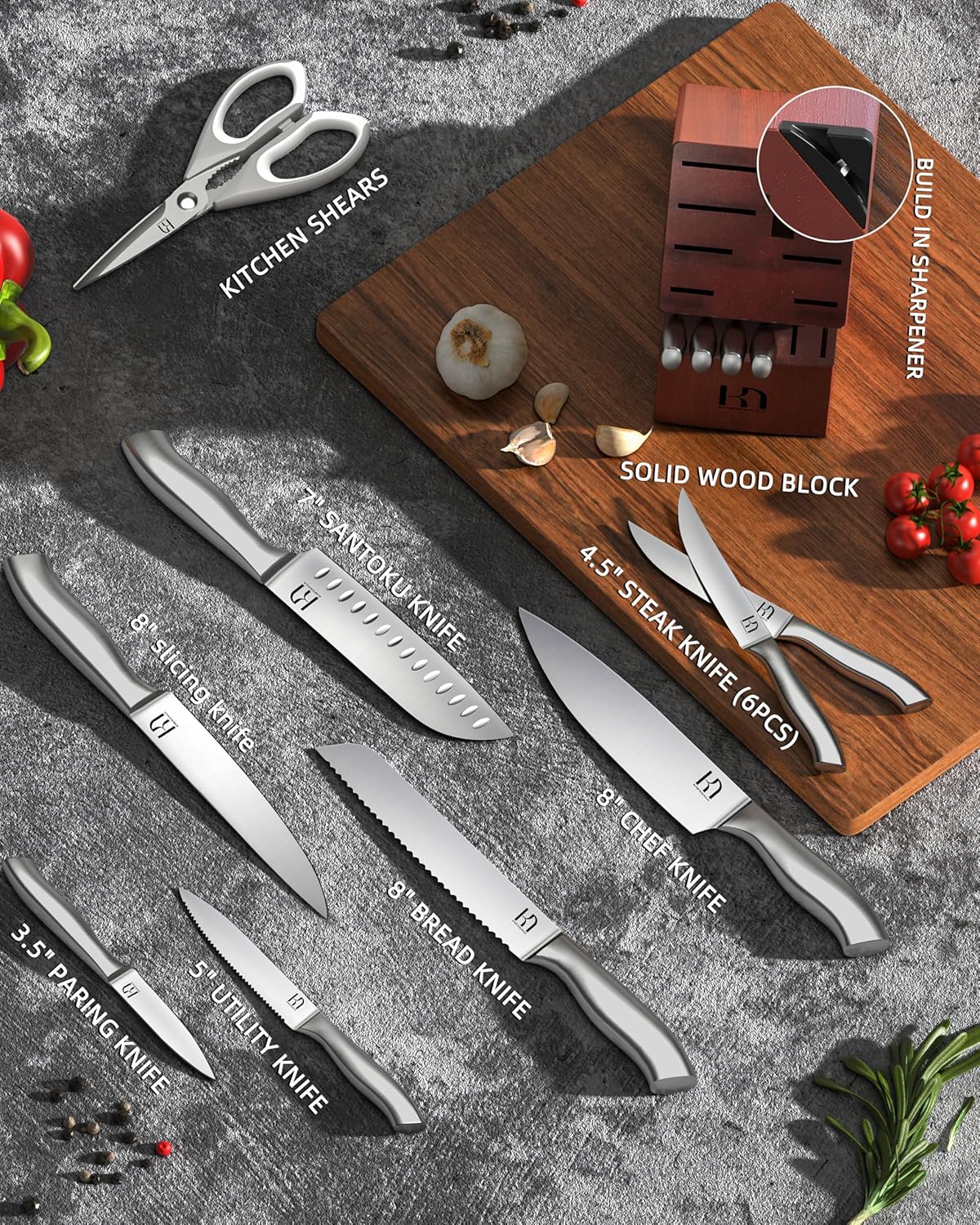 Kitchen Knife Block Set, Enduring Sharpness Premium Knife Set with Block, 14 Pcs Japanese High Carbon Stainless Steel Knives Set for Kitchen, Chef Knife Set with Block and Built in Sharpener