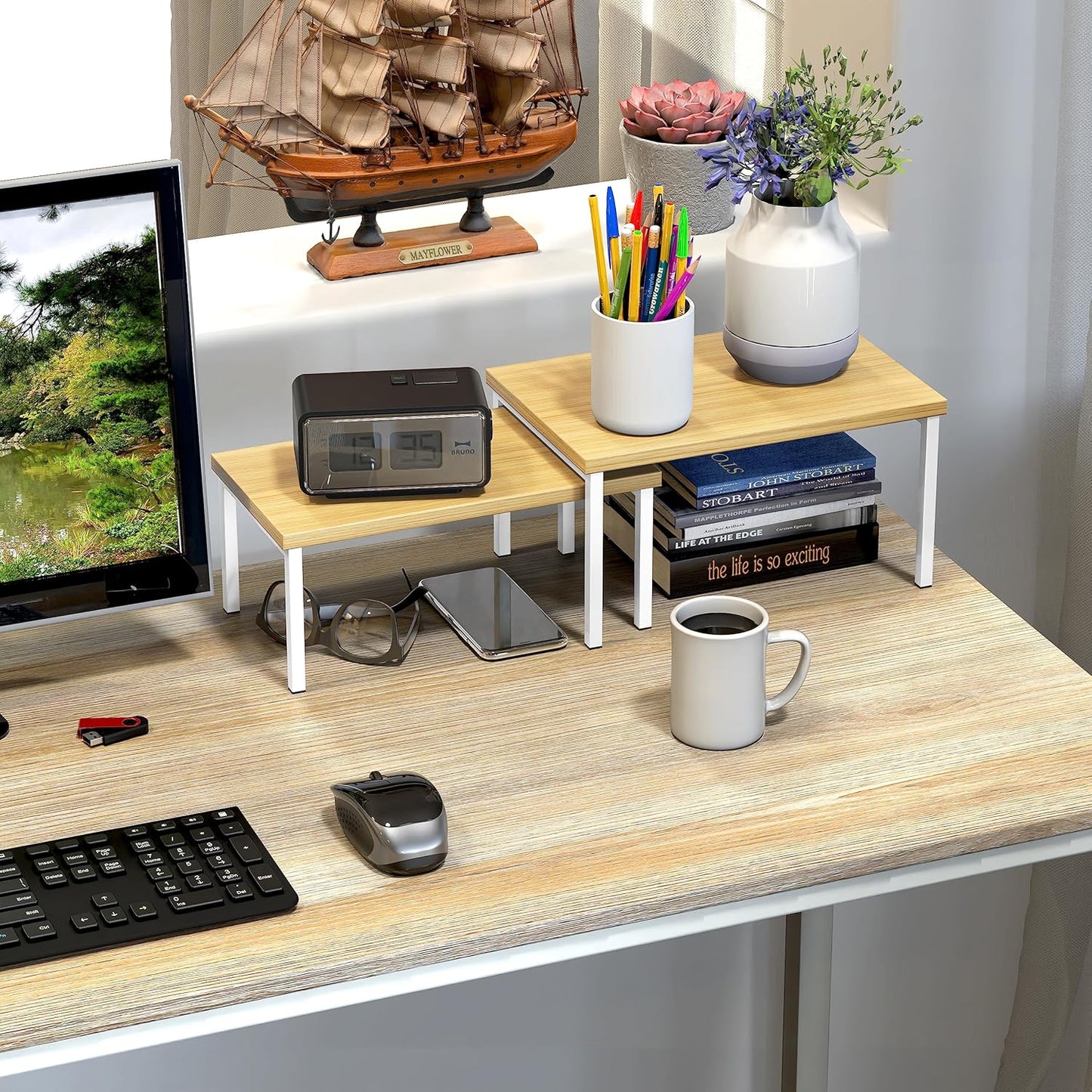 Simple Houseware Wooden Top Expandable Stackable Kitchen Cabinet and Counter Shelf Organizer, Oak