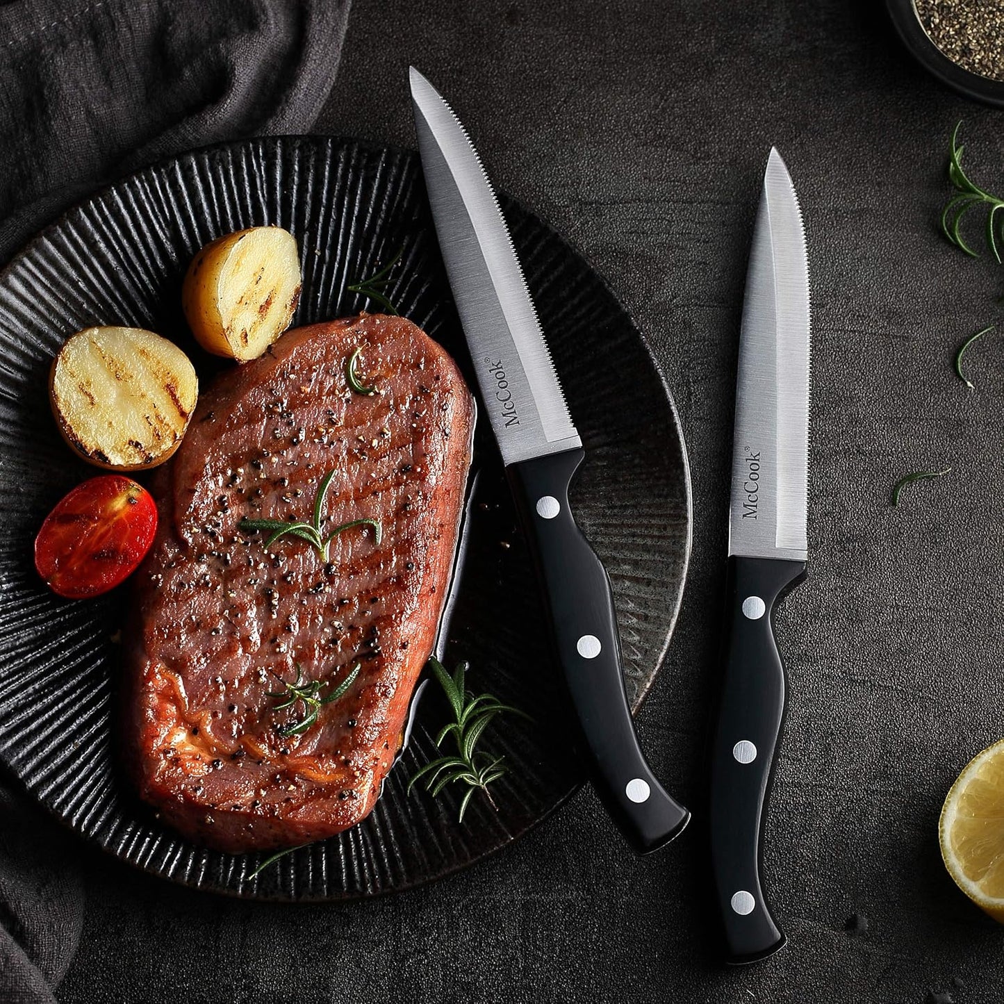 McCook® Knife Sets, German Stainless Steel Kitchen Knives Set with Built-in Sharpener and Wooden Block