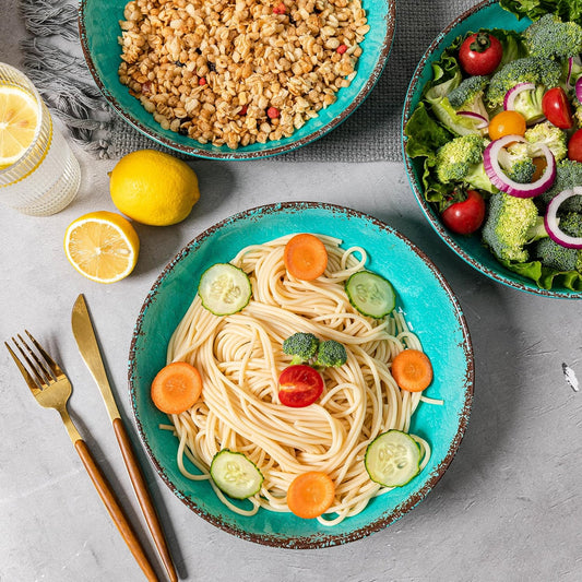 LEHAHA Melamine Pasta Bowl, 9.25 inch Large Wide and Shallow Bowls Set of 6, 42 OZ Unbreakable 100% Melamine Serving Bowls Set for Dinner, Noodle,Ramen,Salad, Fruit Bowl. Dishwasher Safe, Teal…