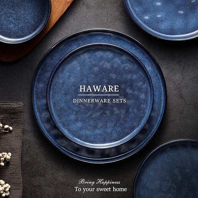 HaWare Dinnerware Sets, 24-Piece Plates and Bowls Set, Stoneware Dish Set for 8, Ceramic Dinnerware for Home Restaurant, Chip and Scratch Resistant, Microwave and Dishwasher Safe, Reactive Starry Blue