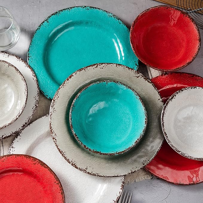 LEHAHA BPA Free Rustic Melamine Plate and Bowl Dinnerware Set Perfect for Indoor Outdoor Dining Party, Camping, 12 Piece Unbreakable Dinnerware Set, Service for 4