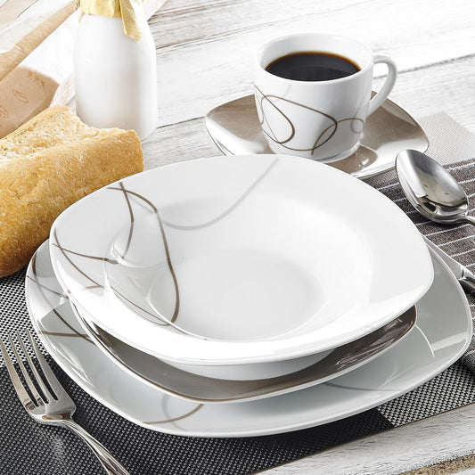 VEWEET 'Nikita' 30-Piece Dinner Set Ivory White Brown Lines Porcelain China Ceramic Combination Sets of Dessert Plates/Soup Plates/Dinner Plates/Cups/Saucers Service for 6