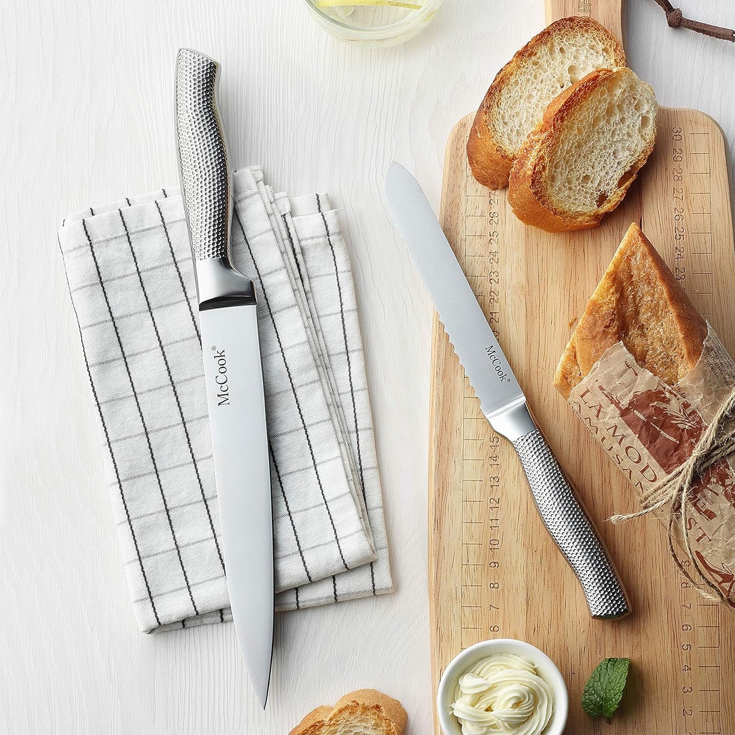 McCook® Premium Knife Sets,Full Tang Hammered German Stainless Steel Kitchen Knife Set with 8 Pieces Steak Knives and Acacia Block