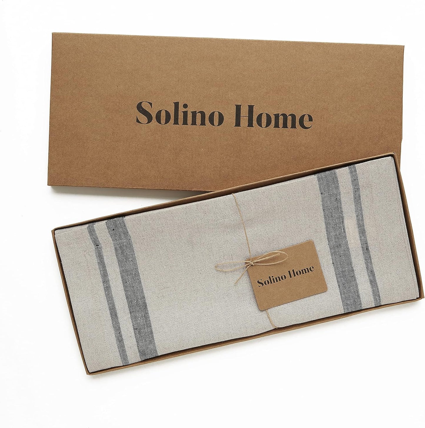Solino Home Linen Table Runner 132 Inches Long - 100% Pure Linen Black and Natural French Stripe Table Runner 14 x 132 Inch for Dining, Thanksgiving