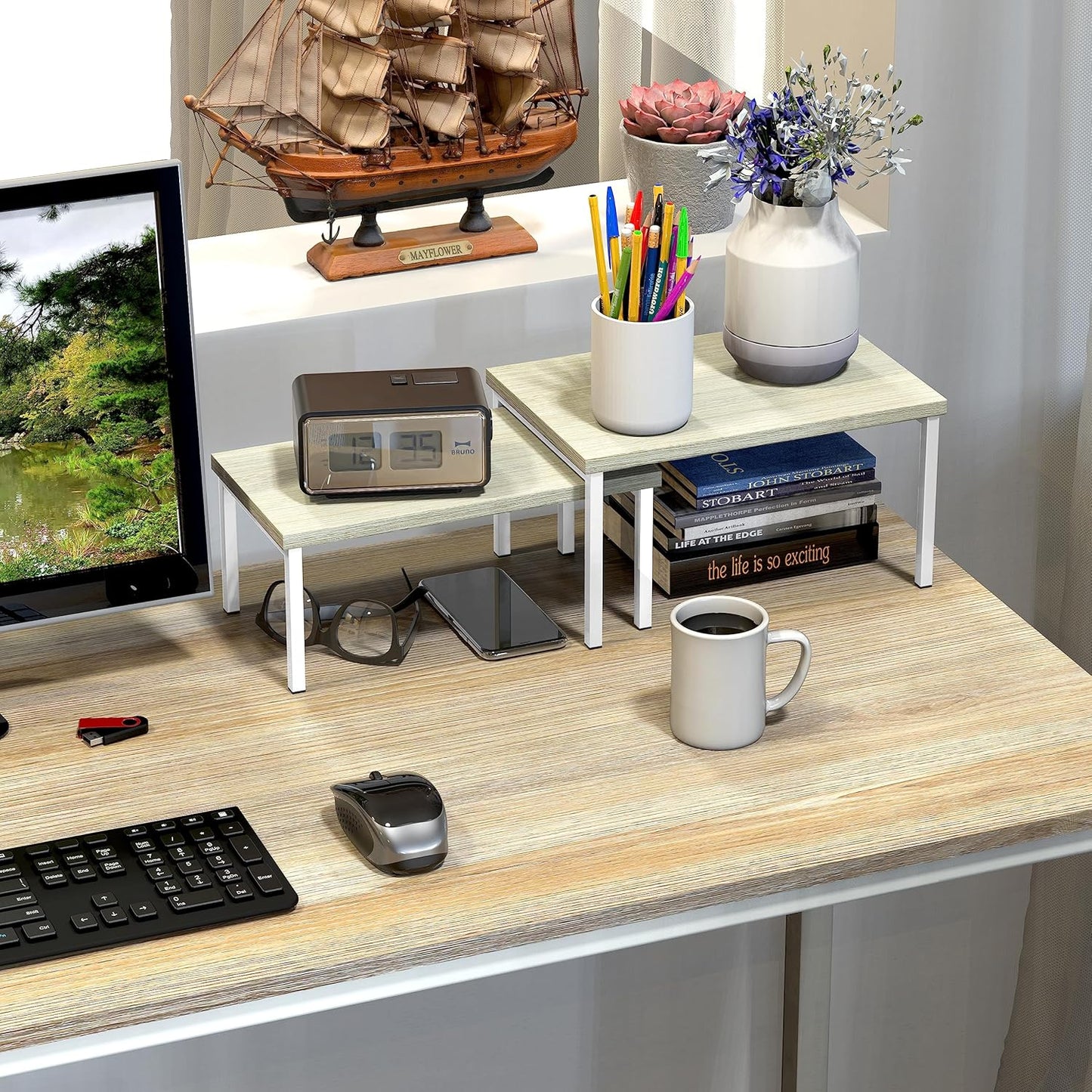 Simple Houseware Wooden Top Expandable Stackable Kitchen Cabinet and Counter Shelf Organizer, Maple