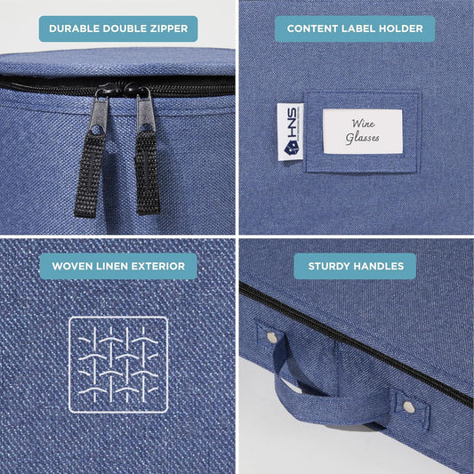 Hard Shell China Storage Containers 8-Piece Set Moving Boxes for Dinnerware, Glasses, Plates, Mugs and Saucers Sturdy Dish Organizer with Dividers for Seasonal Storage - Service for 12 - Denim Blue