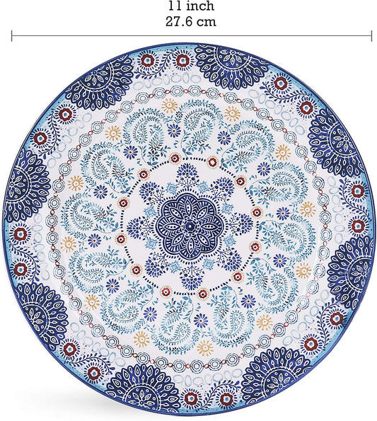 Bico Blue Talavera Dinner Plates Set of 4, 11 Inch Large Ceramic Plates for Pasta, Steak, Stylish Serving Dishes, Microwave and Dishwasher Safe, Gift for Housewarming and Thanksgiving